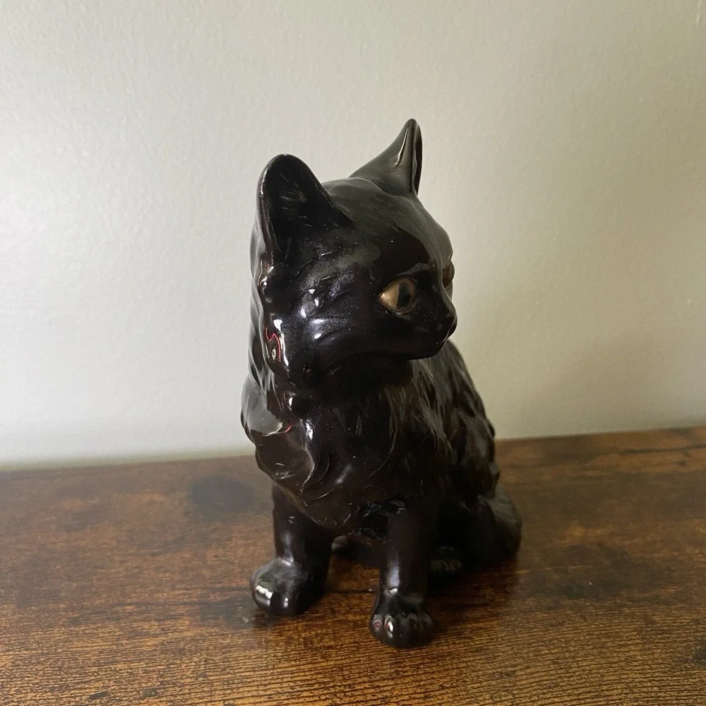 Vintage Black Persian Ceramic Cat Figurine‎ Long Hair 5